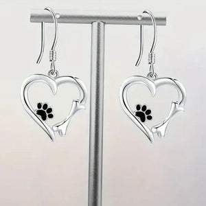 Yaritza™ – Silver Paw & Heart Drop Earrings