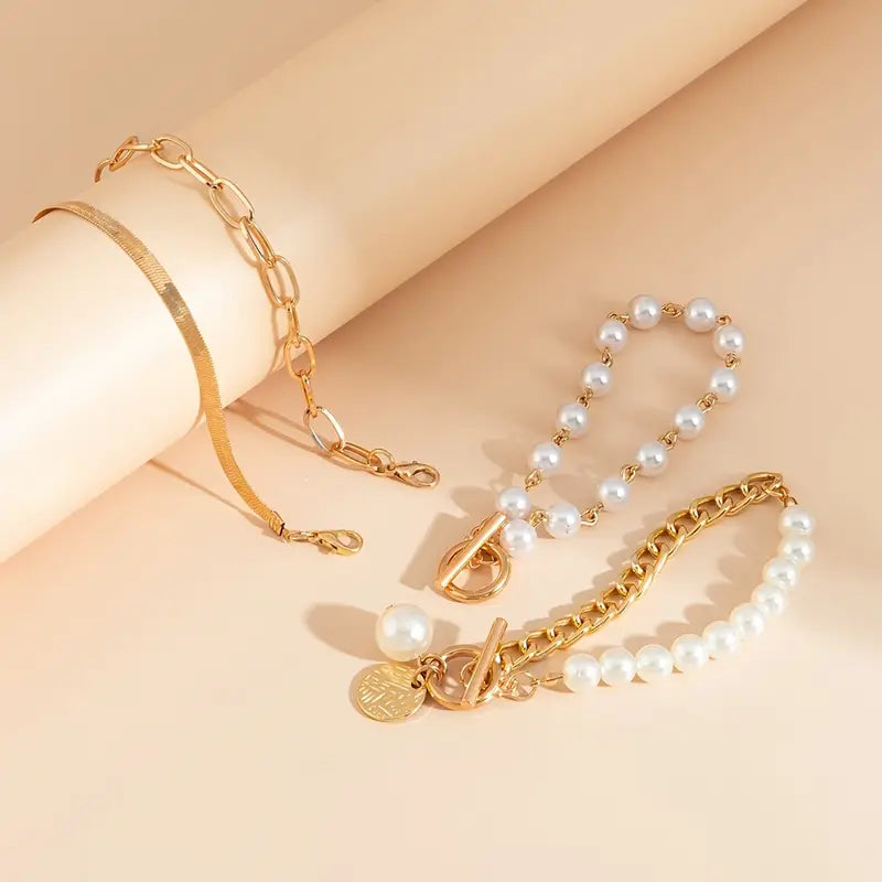 Chic Gold 4-Piece Bracelet Set – Snake, Pearls & Links | Gold