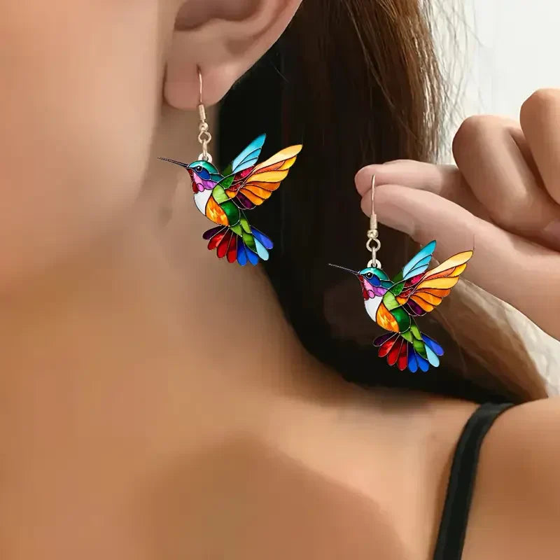 Colorful Hummingbird Earrings | White Gold