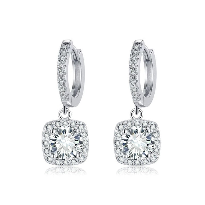 Square Halo Drop Earrings | White Gold